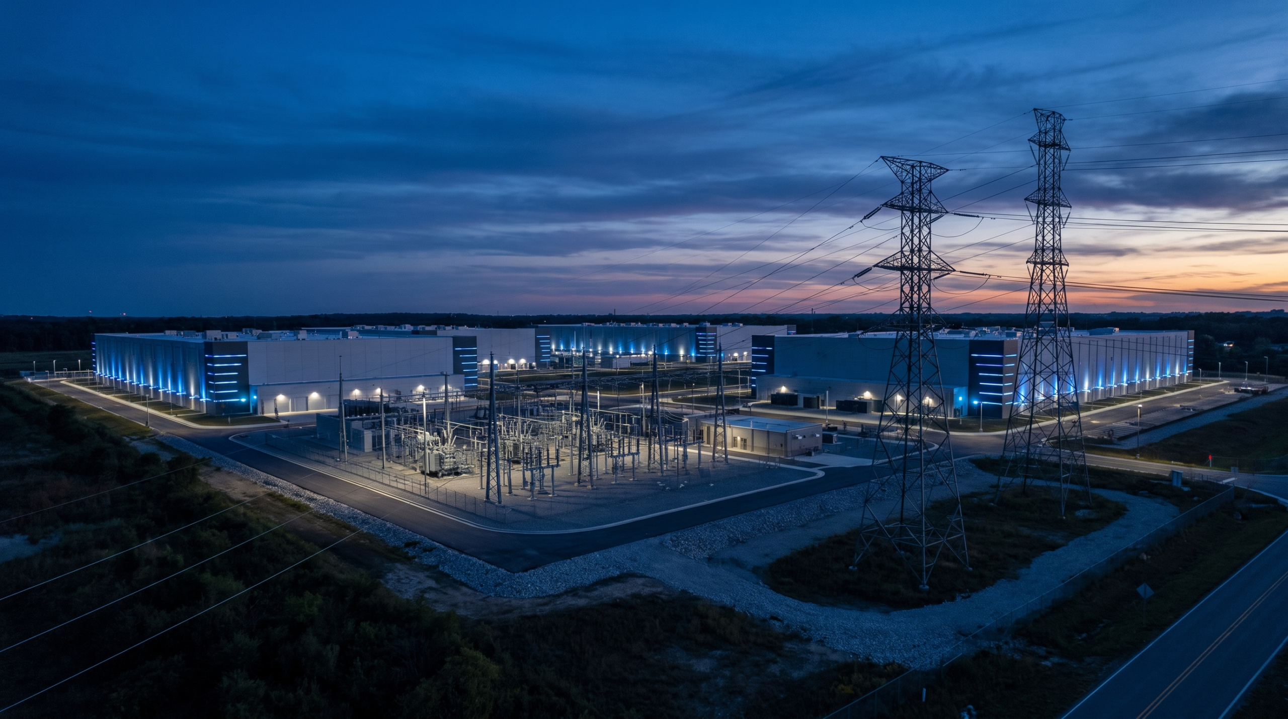 Powered shell data center building with substation and transmission infrastructure